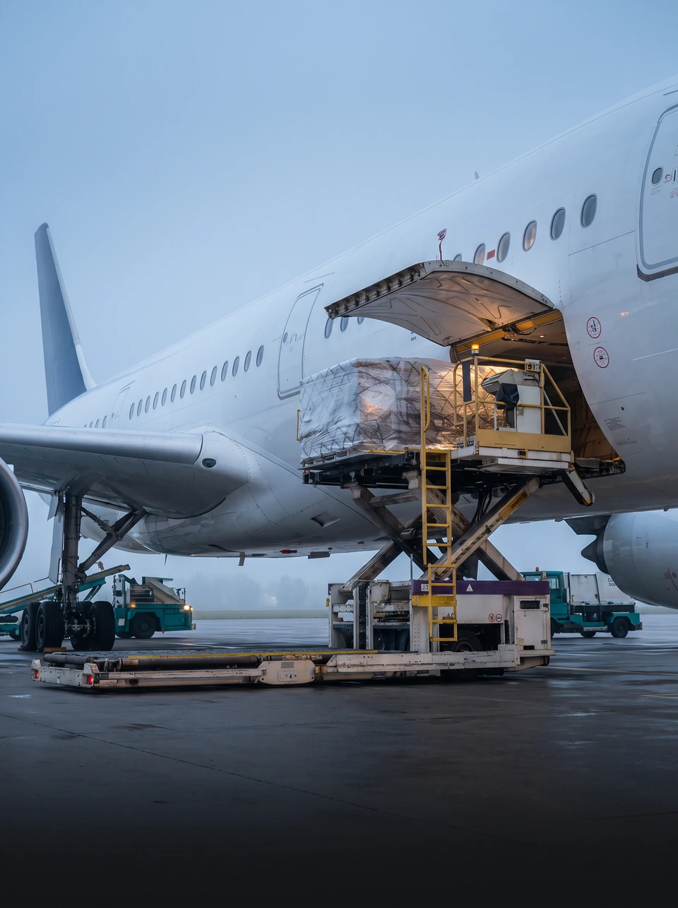 Air cargo loader at the door of an aircraft