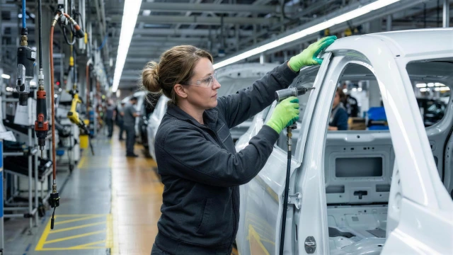 Worker inspecting a vehicle body on an automotive production line