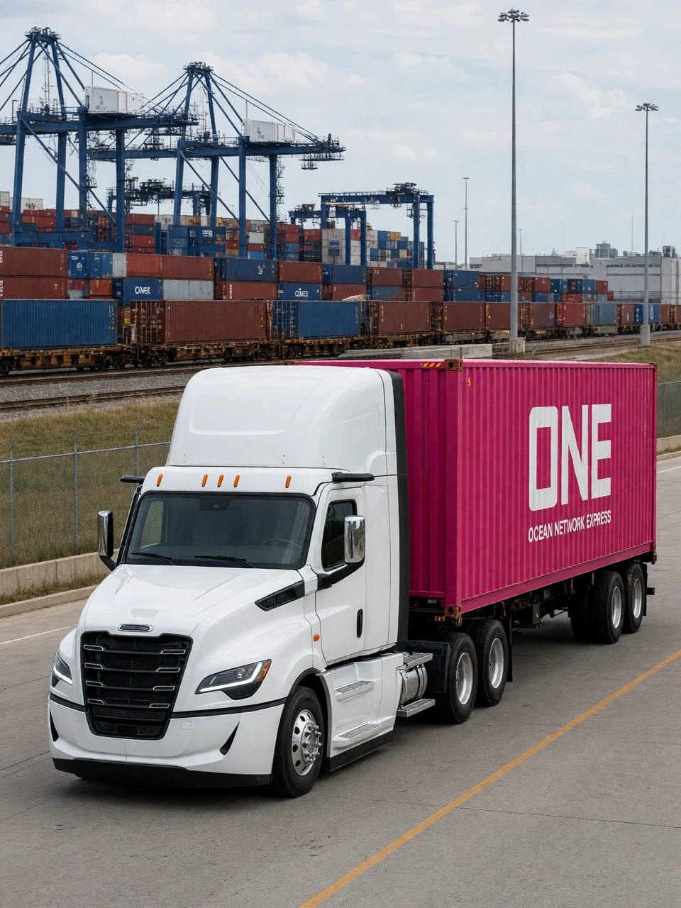 Tractor hauling a container on a chassis at a terminal