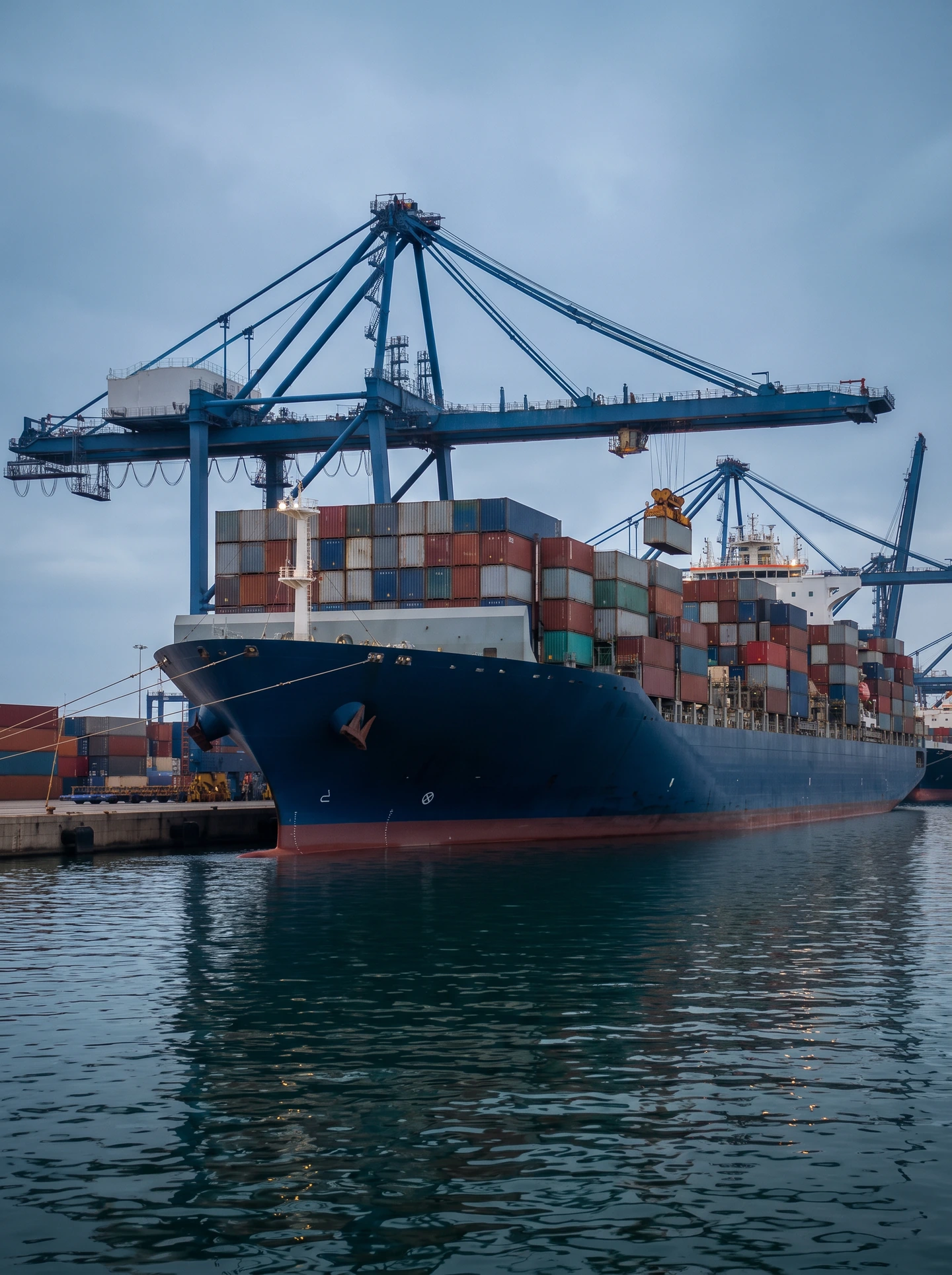 Container ship at berth under cargo handling cranes