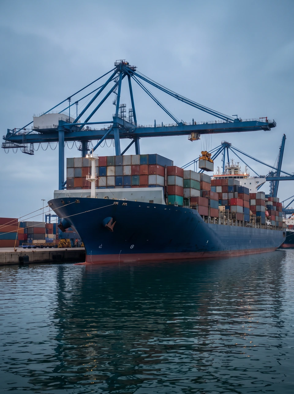 Container ship at berth under ship-to-shore cranes