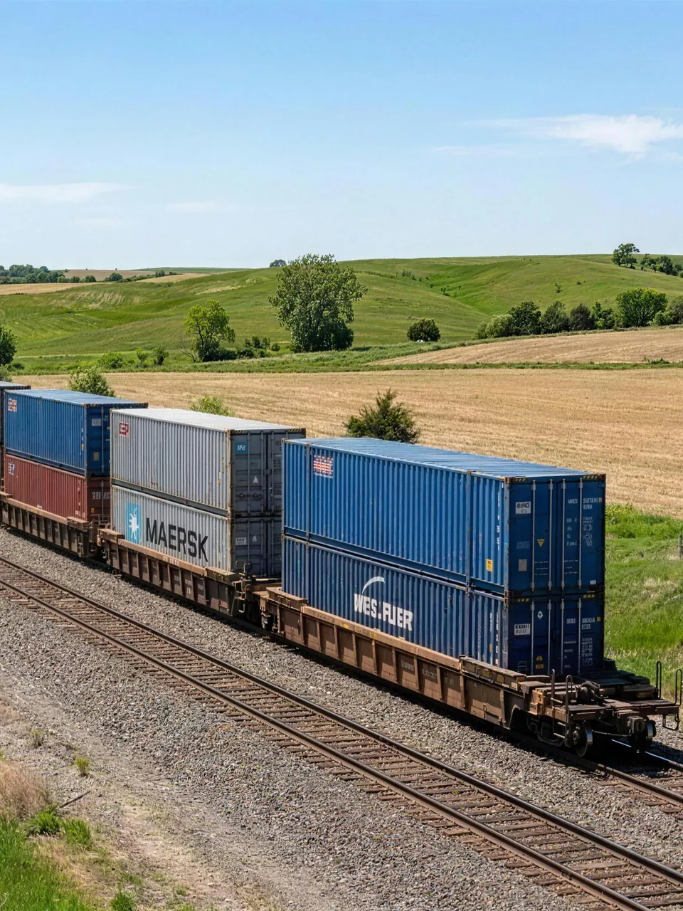 Double-stack container train in open farmland