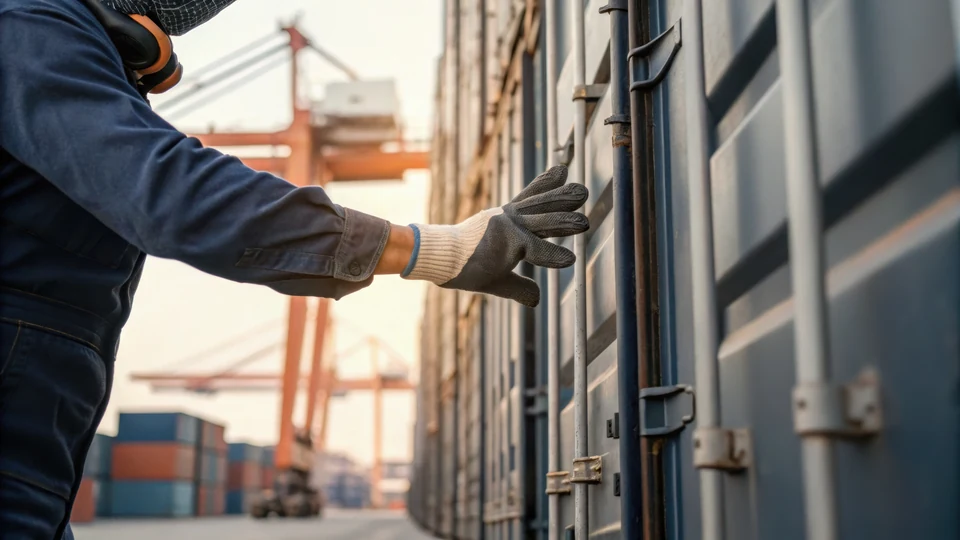 Gloved worker checking a freight container door
