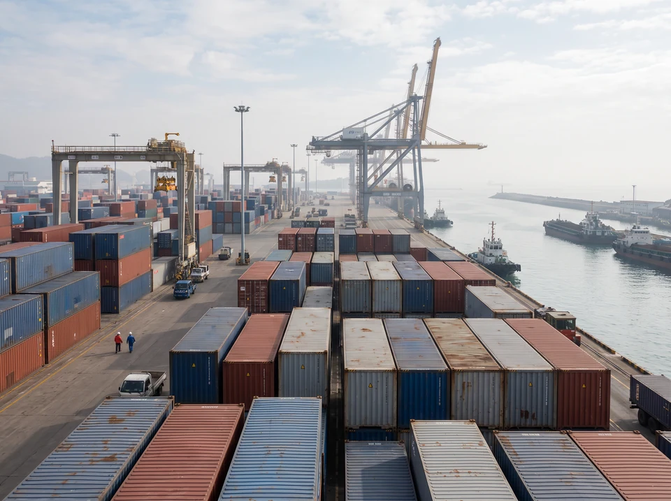 Container stacks and gantry cranes at an export terminal