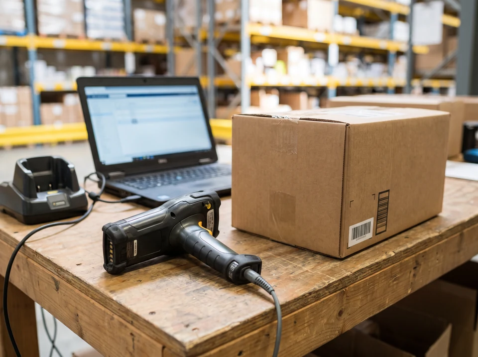 Barcode scanner, shipping carton and laptop at a packing station
