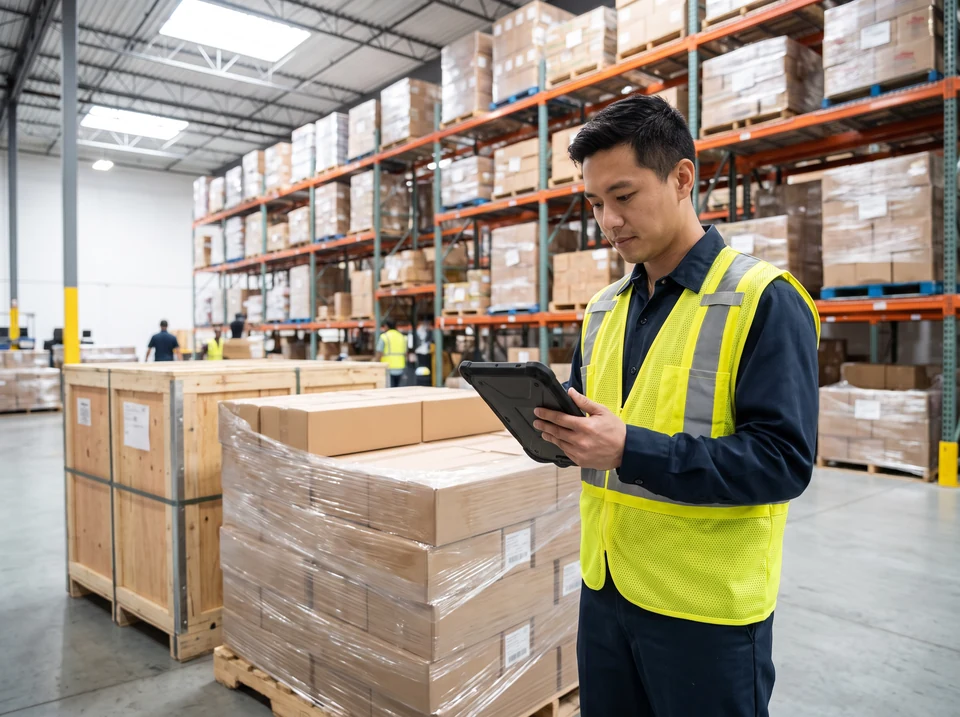Logistics professional checking outgoing goods in a distribution centre