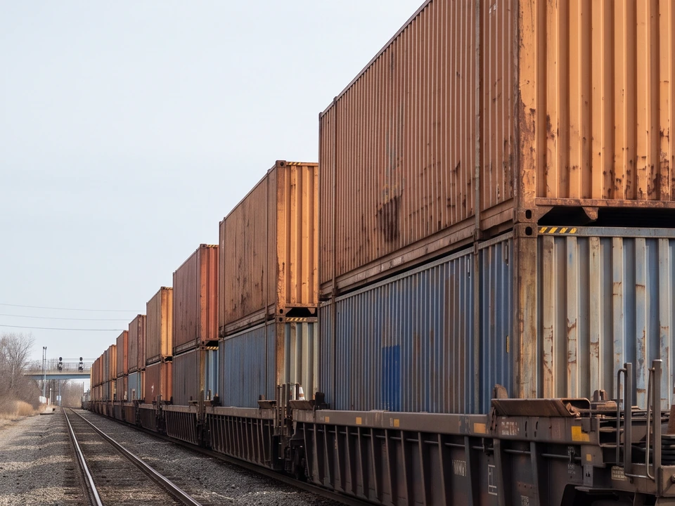 Container railcars at an intermodal freight terminal
