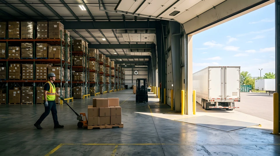 Pallet movement beside an open warehouse loading dock