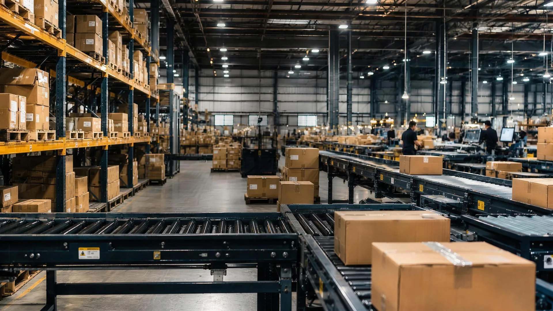 Conveyors and shipping cartons inside a fulfilment warehouse