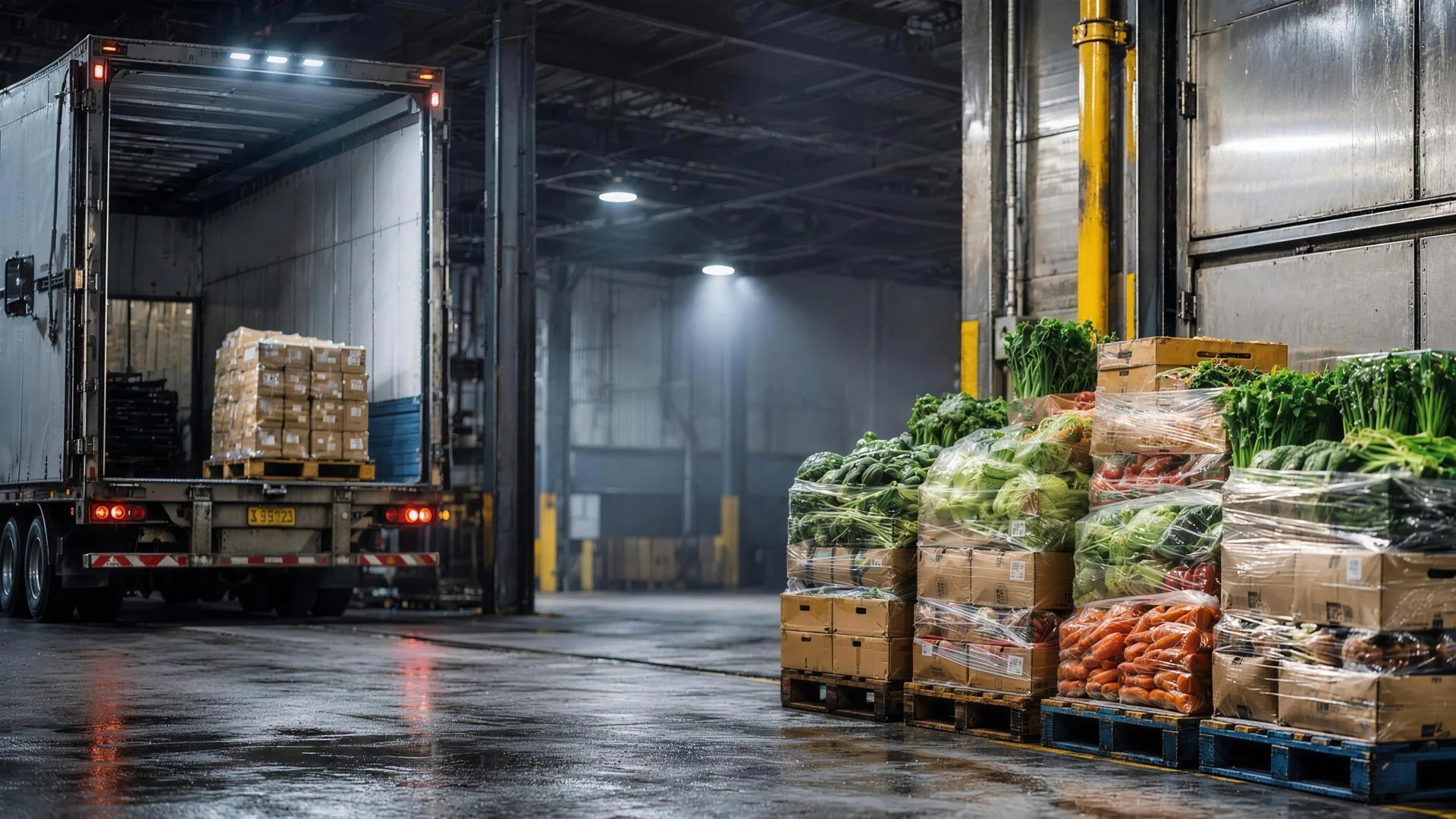 Produce pallets beside a refrigerated trailer at a loading dock