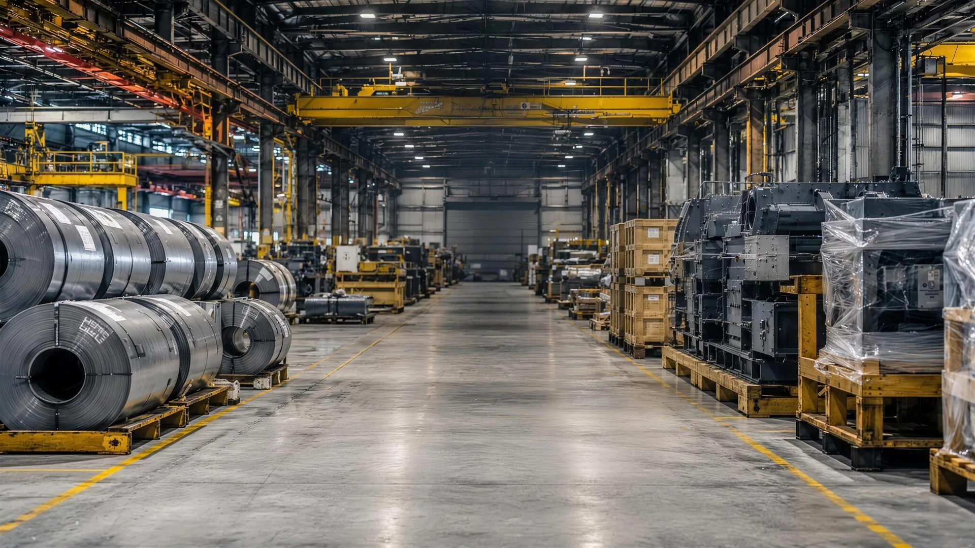 Steel coils and crated machinery in an industrial warehouse