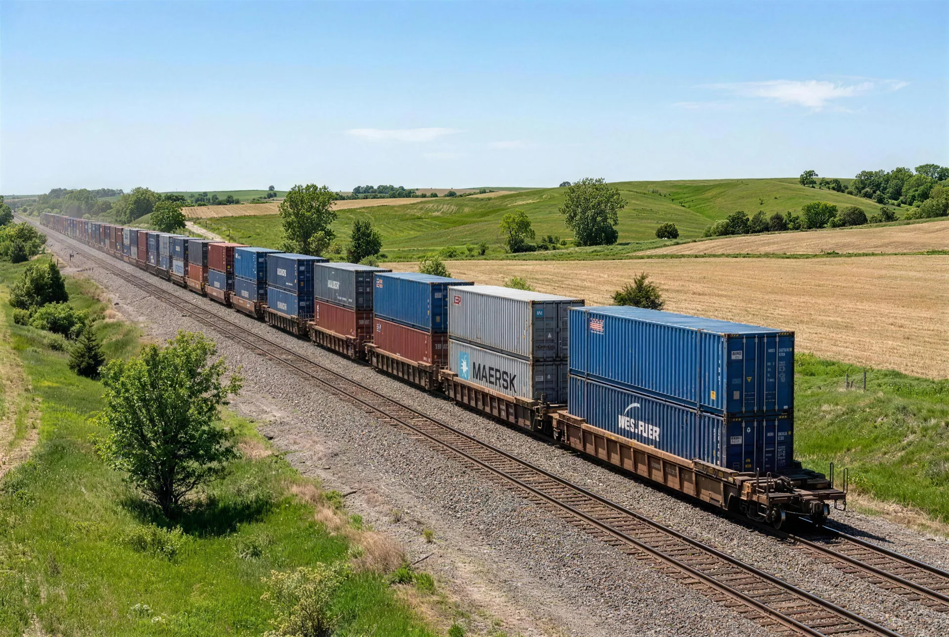 Double-stack container train in a rural landscape