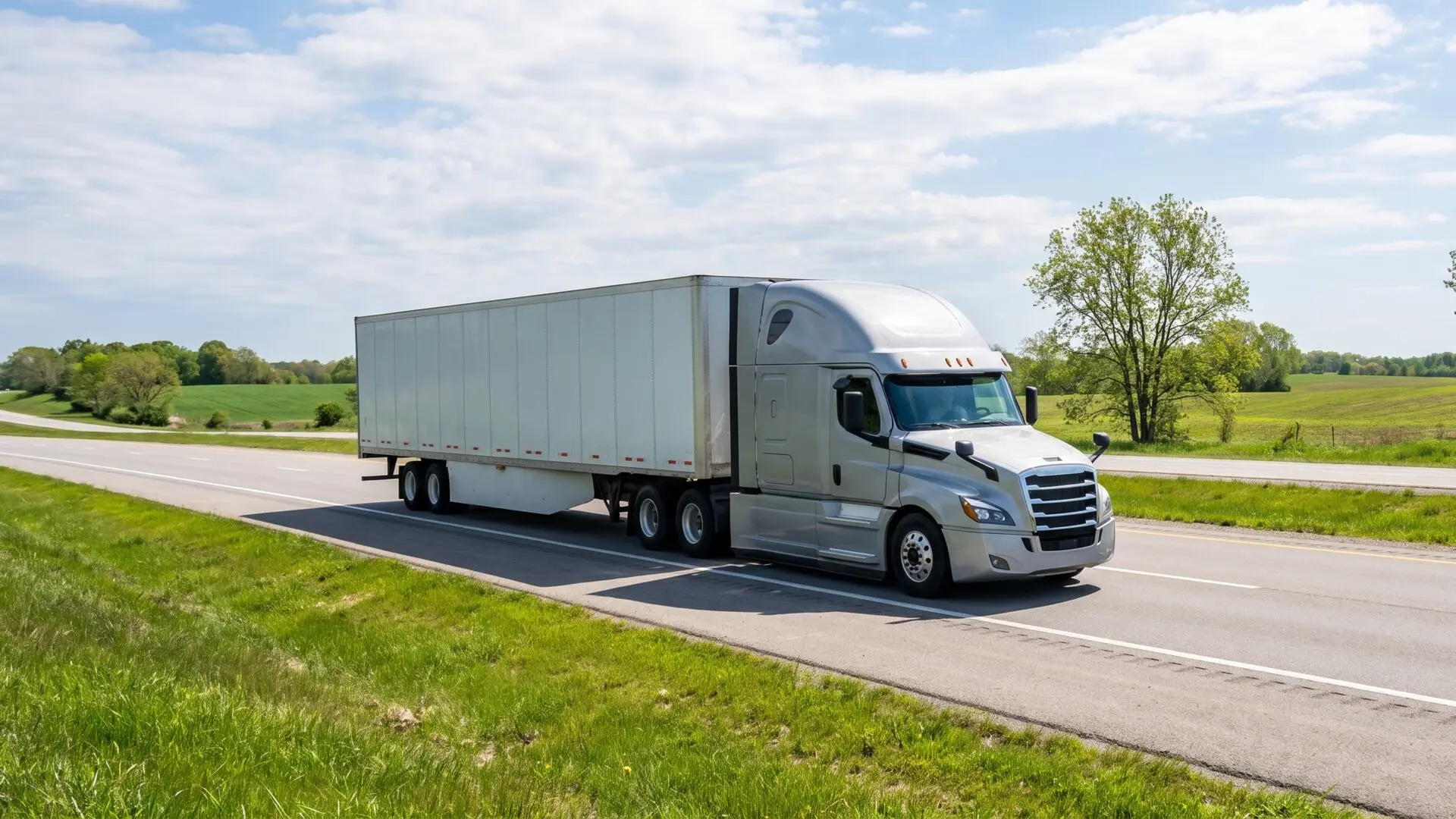 Dry van tractor-trailer travelling on a highway