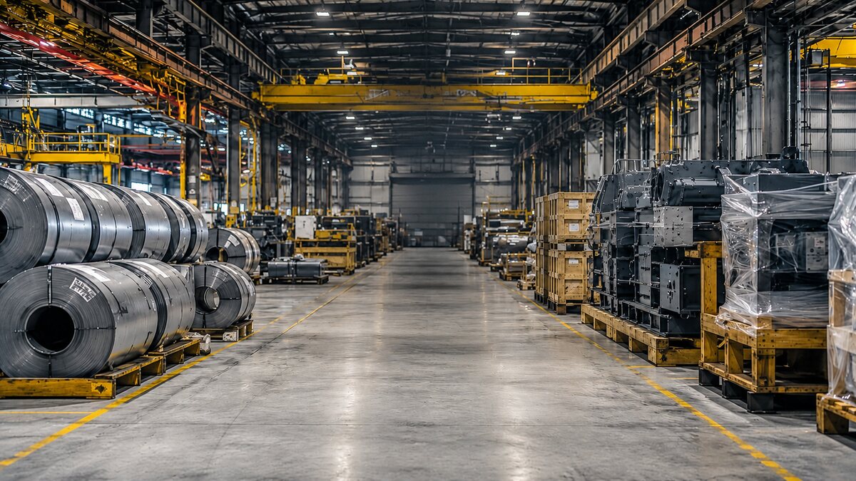 Industrial warehouse with steel coils and machinery crates